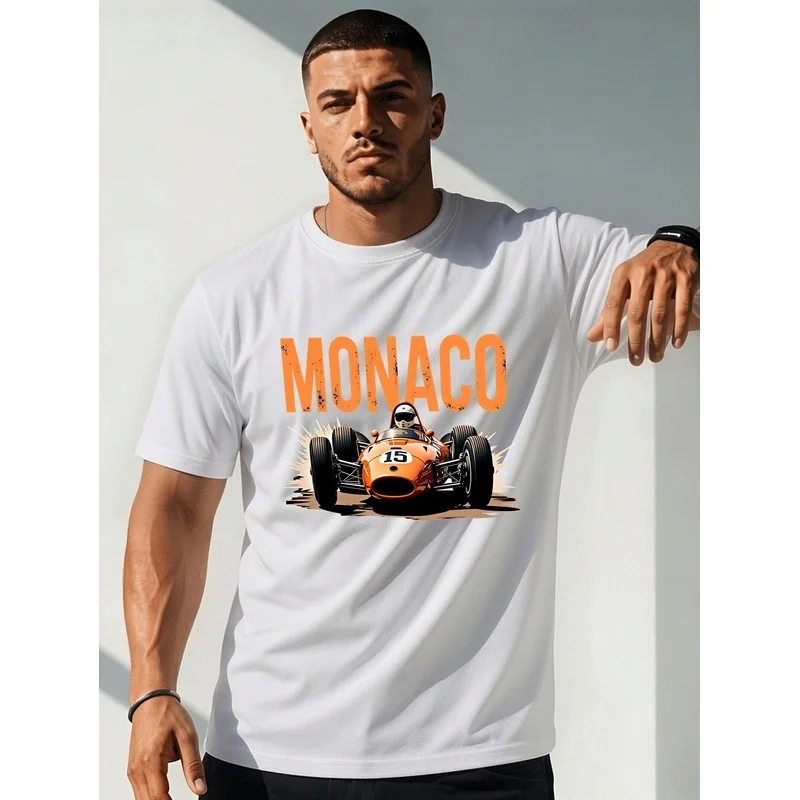 Men's T-shirt, Fun 'Monaco Race Car Printed T-shirt, Men's Short Sleeve T-shirt, Regular Casual Daily Men's Top, Men's T-shirt,