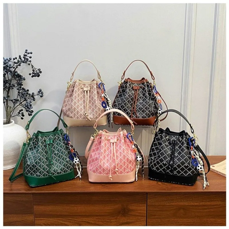 New Women's Printed Bucket Bag Minimalist Drawstring Small Bag Fashion Shoulder Crossbody Purse Versatile Casual Commute Handbag