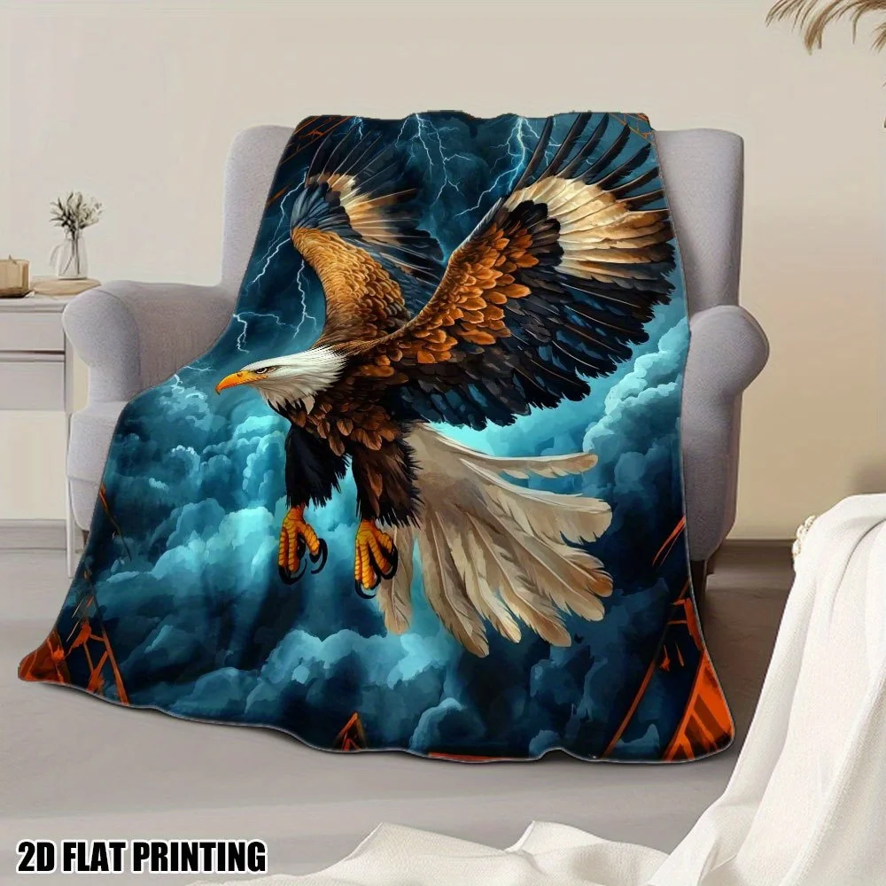1pc Ultra-Soft Plush Flannel Throw Blanket with Stormy Eagle Flight Print – Ultra-Soft Polyester, All-Season Cozy Blanket for Be