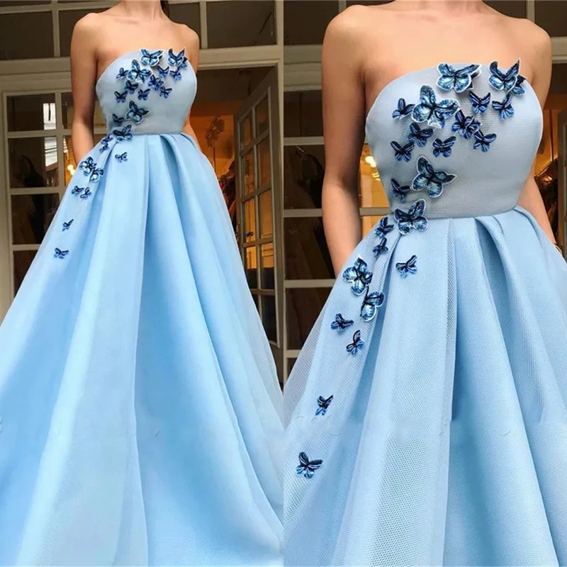 Vestido sem alças com bolsos de borboleta, céu azul claro, convidado do casamento, vestidos de baile, especial de noiva, verão, 2023