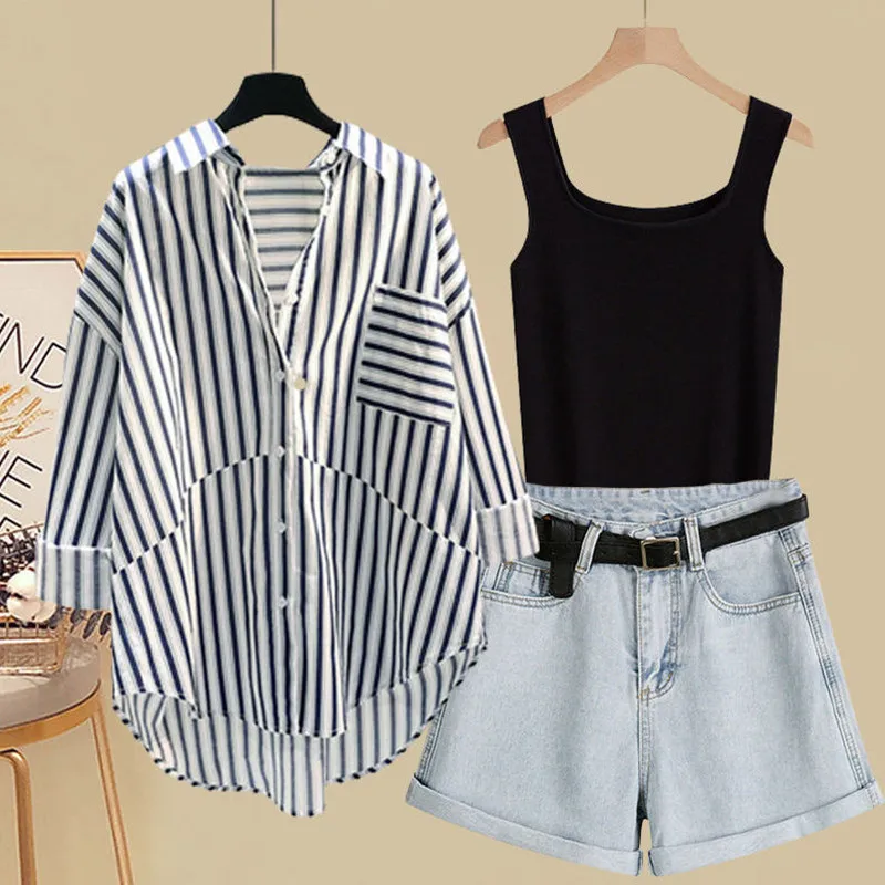 

plus Size Summer Outfit Top And Shorts Set Conceal Belly And Flattering for plus Size Women Korean Style Loose Fit Casual Wear