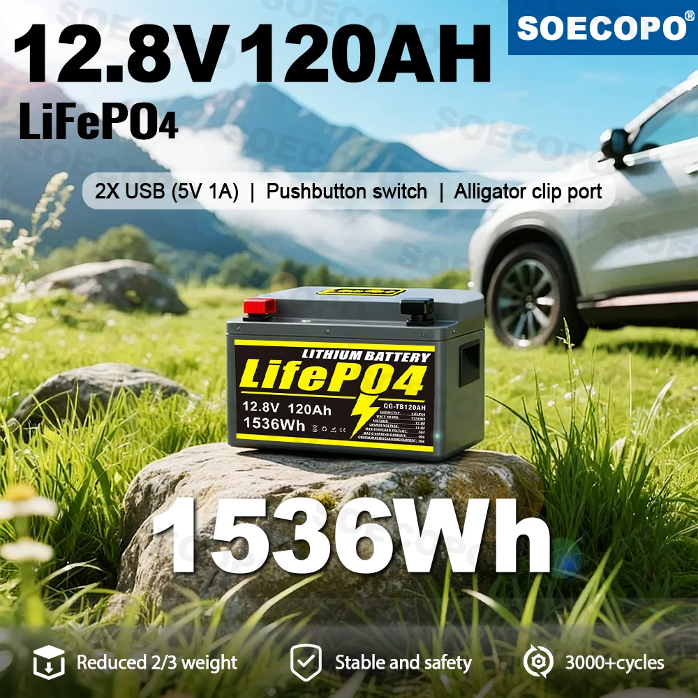 

SOECOPO 12.8V 120Ah LiFePO4 Deep Cycle Battery 1536Wh Dual USB Ports Push Button Switch for Home Camping Fishing Trolling Motor