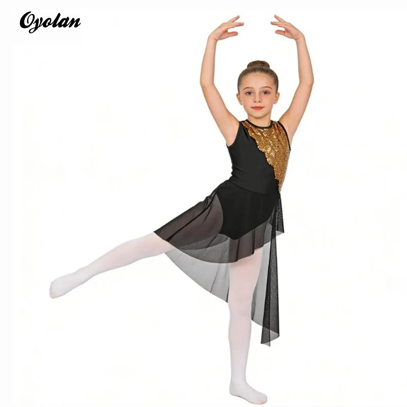 

Детское платье для девочек с блестящими пайетками для гимнастики, фигурного катания, балета, лирических и современных танцев, костюм для выступлений