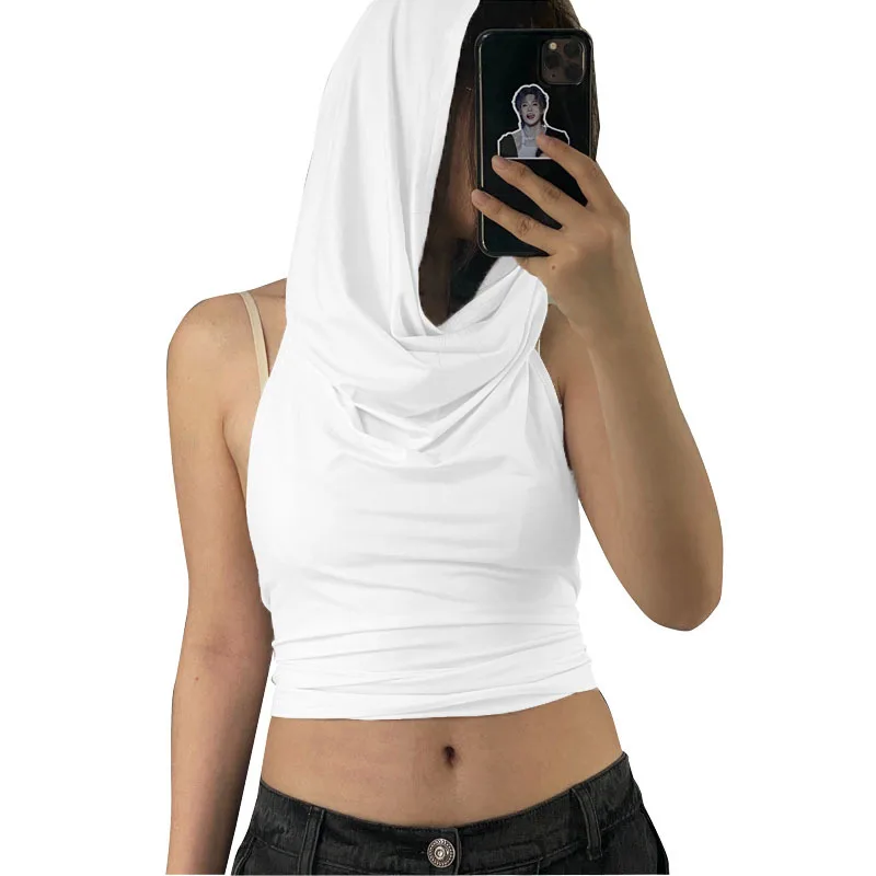 Top Cropped Sexy Sem Costas com Capuz e Gola Estilo Streetwear Moderno Cseta Fena Sem Mangas Design de Decote Redondo ...