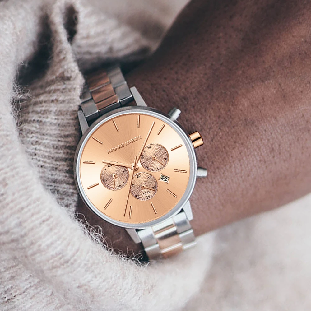 هانا مارتن العلامة التجارية النساء ساعة متعددة الوظائف الأصلي زهرة من الستانليس ستيل الذهب 36 مللي متر حركة الكوارتز عادية مأدبة المعصم