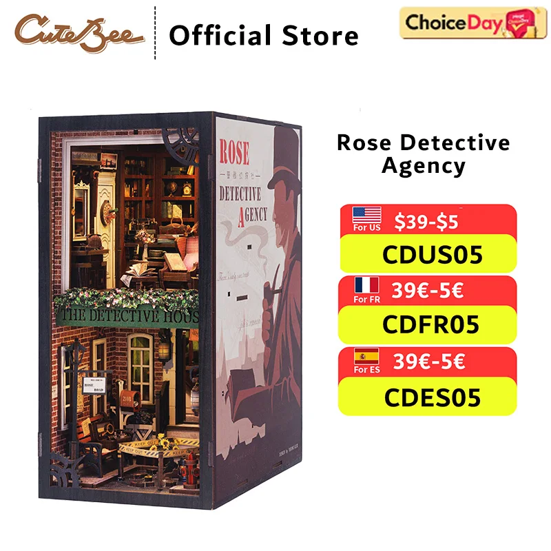 

CUTEBEE 3D Puzzle DIY Book Nook with Touch Light Dust Cover Bookshelf Insert Wooden Dollhouse Detective series for Decor Gift