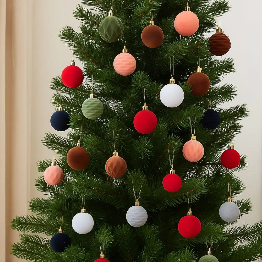 

12pcs 6cm Christmas Tree Ball Pendant Shatterproof Solid Color Christmas Spheres Flocked Xmas Tree Ornaments
