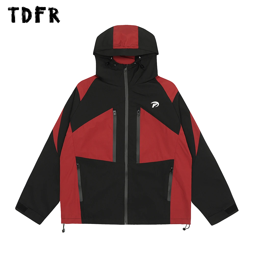 

Contrast Paneled Hooded Windbreaker Mens Safari Style Autumn Loose Long Sleeve Drawstring Hem Jacket Men Outerwear