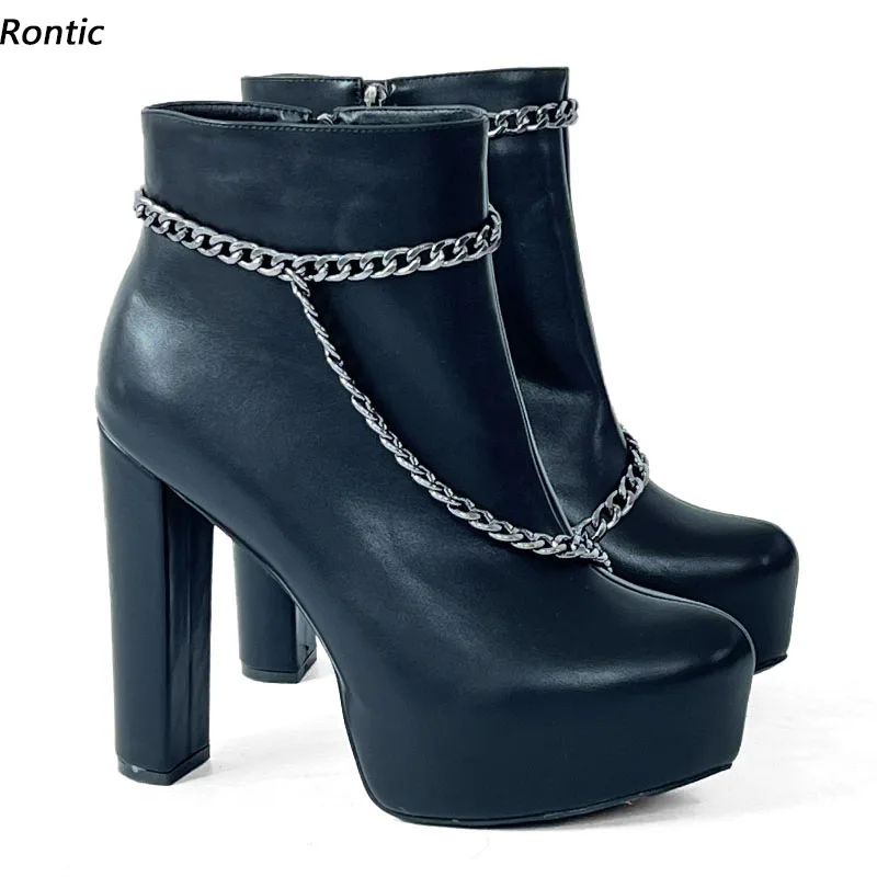 Rontic New Stylish Ladies Winter Ankle Boots Stable Chunky Heels Round Toe Boutique Black Party Shoes US Size 5-20