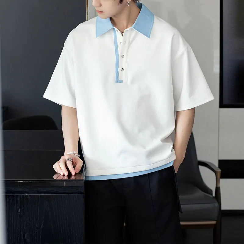 Men's Clothing Fashionable Spliced T-shirts Contrasting Colors Summer Polo-Neck Button Casual Short Sleeve Basic Polo Shirts New