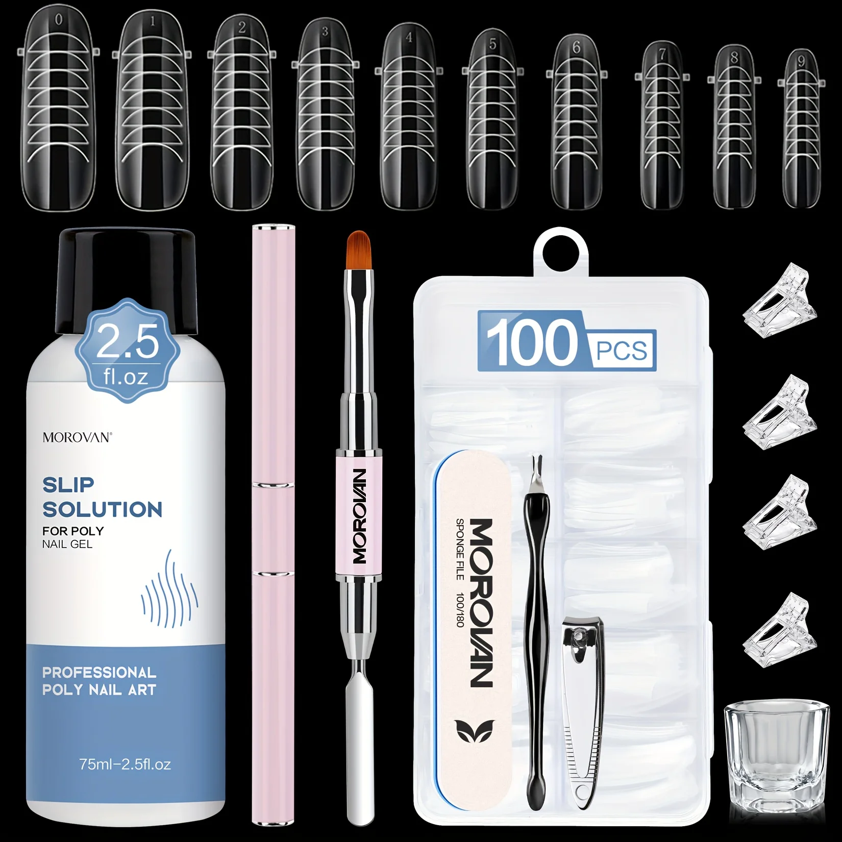 

Morovan Slip Solution Poly Gel 2.5oz Anti-Stick Gel Solution Liquid With Brush Nail Tips Clips Crystal Cup Easy DIY