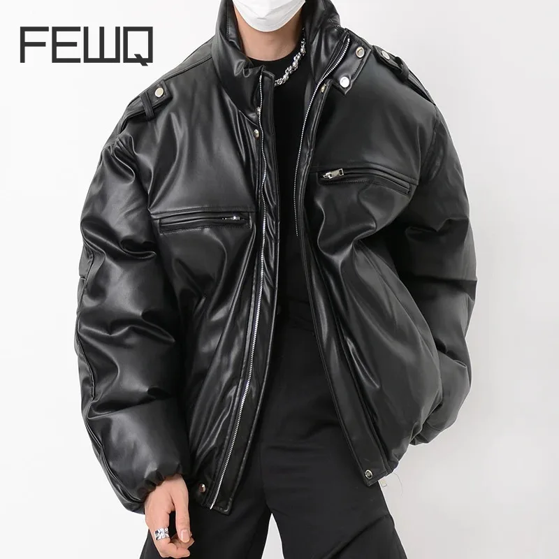 FEWQ Deconstructive Design Zipper PU Leather Jacket Men's Cotton Coat High Street Streetwear Stand Collar Male Tops 24E6105