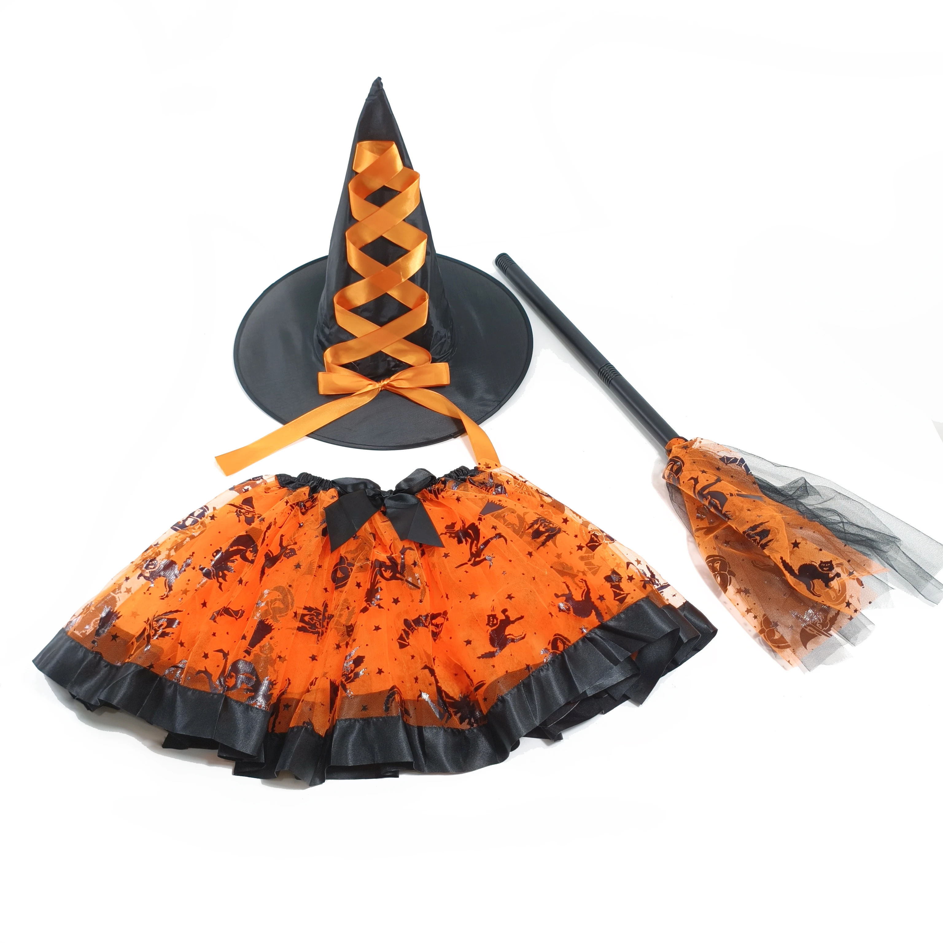 Orange Wizard Bat Tutu Skirt Set for Kids Including Magic Broom Hat  for Holiday Parties Available for Spot Wholesale