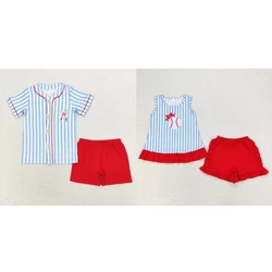Wholesale Baby Boy Girl Outfit Children Kids Embroidery Baseball Blue Stripes Tops Cotton Shorts Sets Summer Two Pieces Clothing
