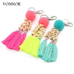 Fashion Handmade Keychains Boho Colorful Tassel Shell Pendant Pompom Key Chain Car Key Accessories for Women Bags Trinket