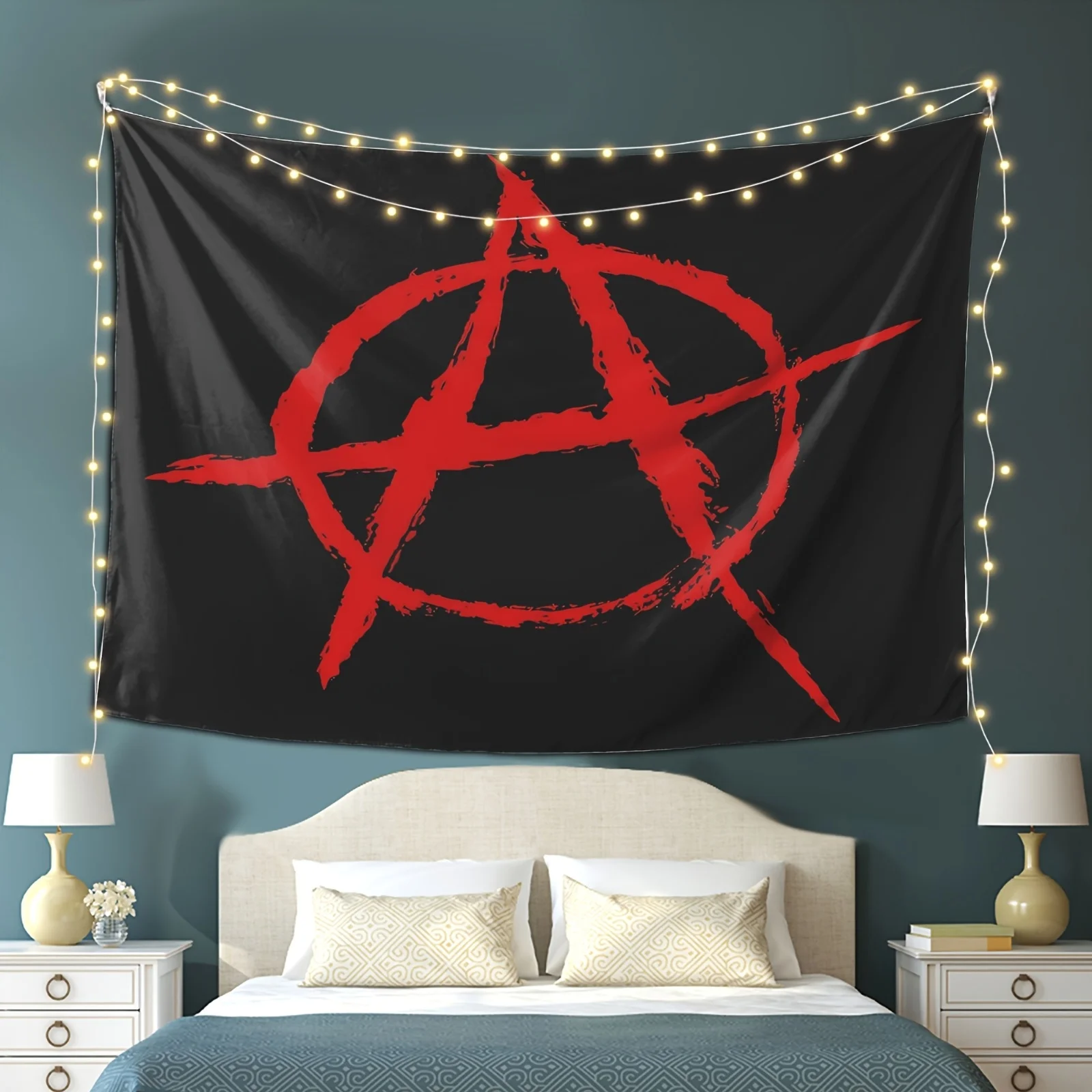 Anarchy Symbol Tapestry - Red A in Circle on Black Background, Punk Rock Wall Decor, Rebel Style, Polyester, Multiple Sizes