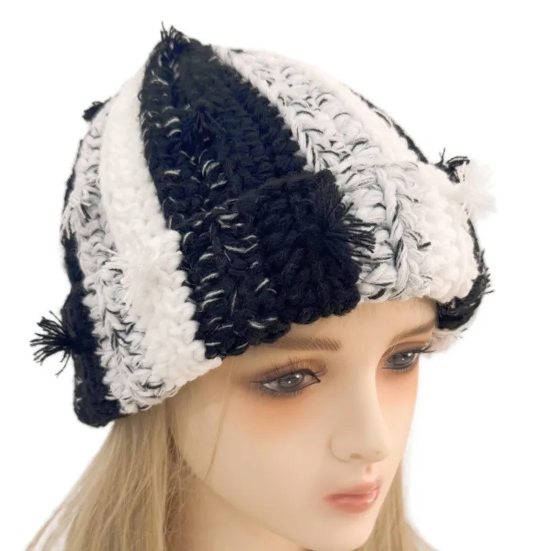 Japanische handgemachte gehäkelte mehrfarbige Pullover-Strickmütze, Wintermode, Ohrenschutz, verdickte warme Beanie-Mützen für Frauen – Detail 2