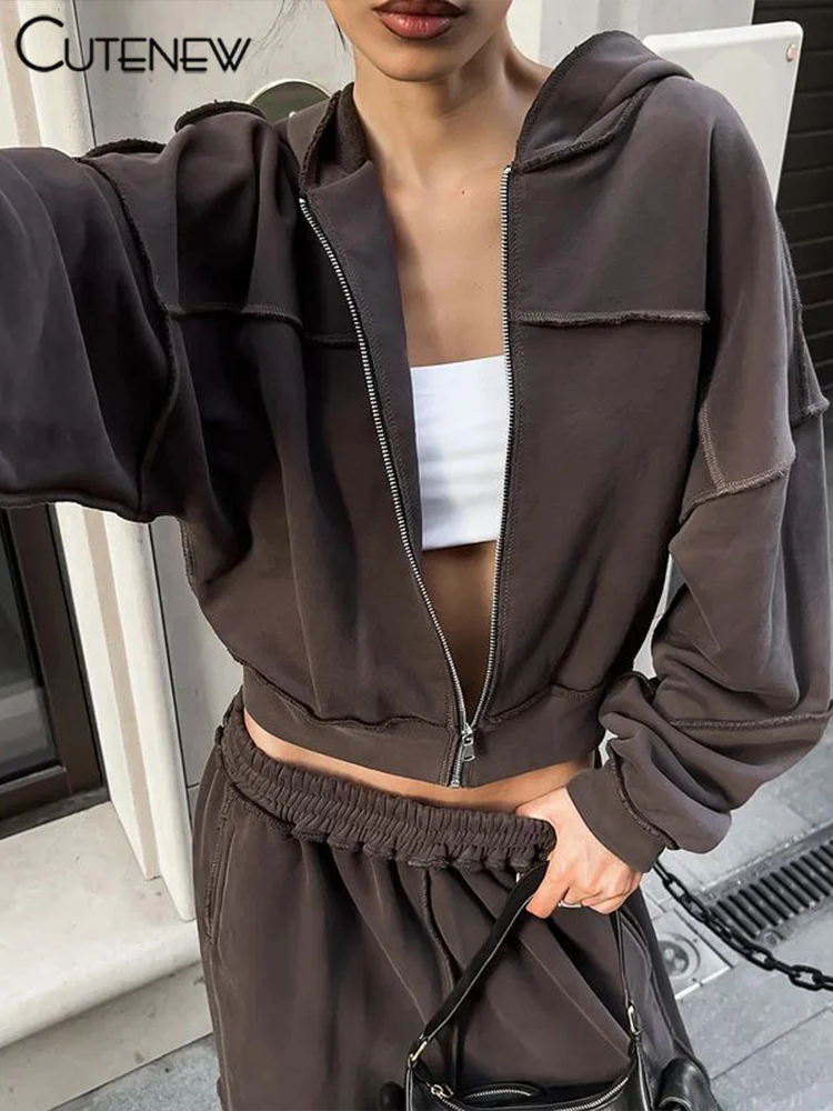 Cutenew Casual Sporty Women Matching 2 Piece Set Concise Zip-up Hood Coats+Elastic Waist Straight Pants Female Basic Tracksuits