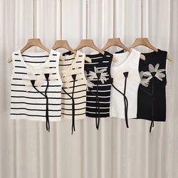 Summer Fashion Chic Flower Knitted Camisole Women Round Neck Sleeveless Striped Tank Top