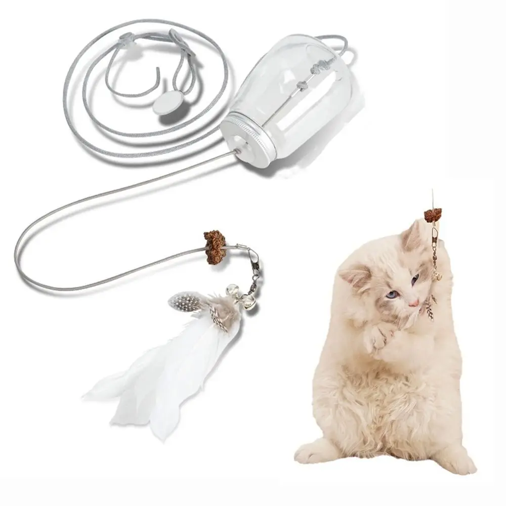 Juguetes de plástico para fugas de gatos, juguetes de plumas para colgar en la pared, juguete de fuga de comida para gatos Visible con campana, alimentador de comida transparente para mascotas