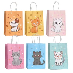 12/24Pcs Cartoon Cat Pattern Gift Bag With Handle Kids Birthday Favor Portable Packaging Shopping Bag Baby Shower Party Supplies