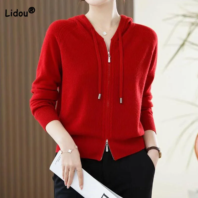 Solid Color Fashion Hooded Knitted Cardigan Autumn Winter Women\'s Clothing Simplicity All-match Long Sleeve Zipper Knitted Tops