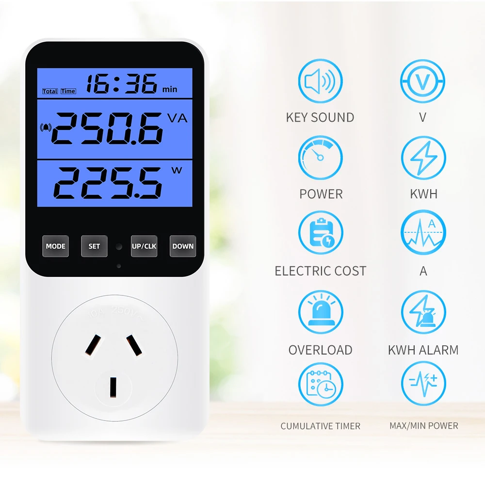 Imagem -03 - Digital Power Wattmeter Consumo de Eletricidade Tester Kwh Energia Medidor Potência Tensão Corrente Corrente ue Eua fr Plug ac 220v