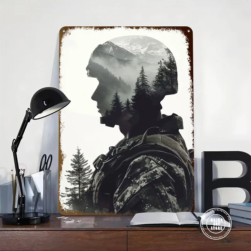 Soldier Mountain Double Exposure Tinplate Posters Customizable Wall Art Retro Vintage Metal Signs for Home Room Custom Plate