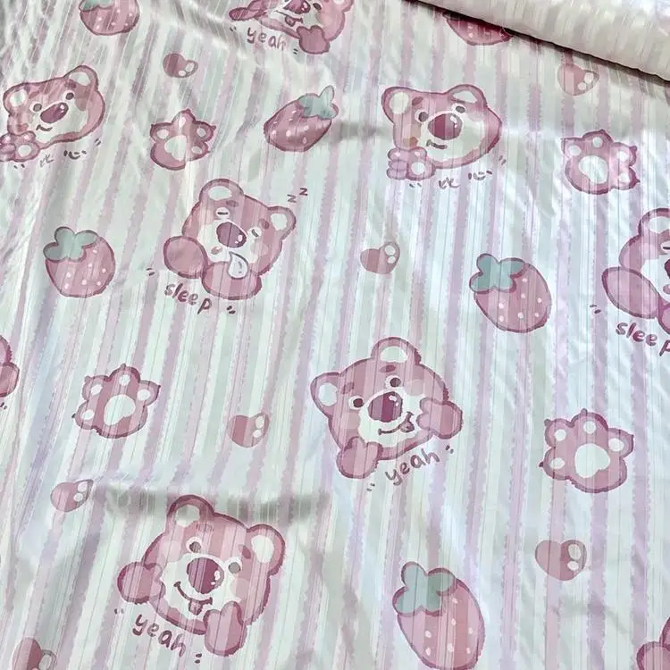 158 Wide 26 MM, Cartoon Strawberry Bear, Silk Cotton Satin Strip Fabric, Children's Silk Bedding