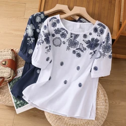 Cotton Linen T-shirt Women Summer 2023 Embroidery Loose Tees Short Sleeves Floral Top Chinese Style O-neck Clothing