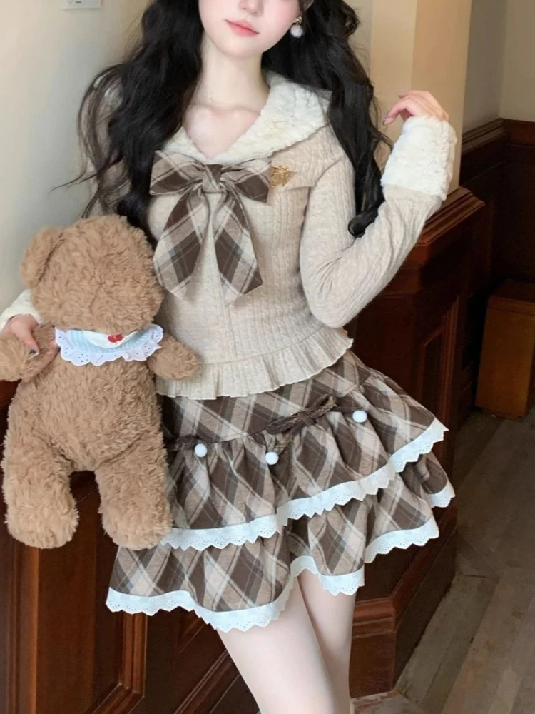 French Elegant Preppy Style 2 Piece Set Women Sweet Bow Knitted Tops + Plaid Mini Skirt Japanese Kawaii Y2k Lolita Lovely Outfit