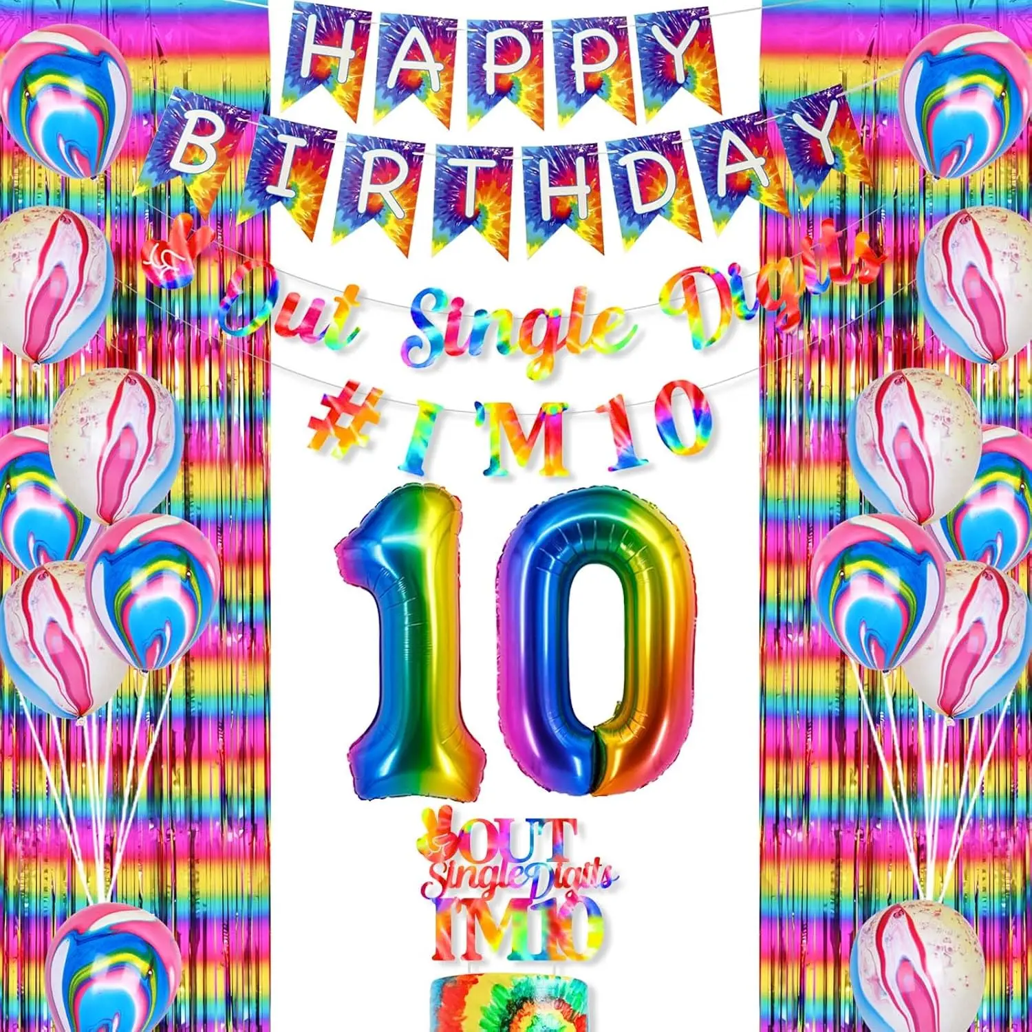 

kreatwow Tie Dye Birthday Decorations for Girl Double Digits, Birthday Supplies Rainbow Out Single Digits I'M 10 Banner Balloons