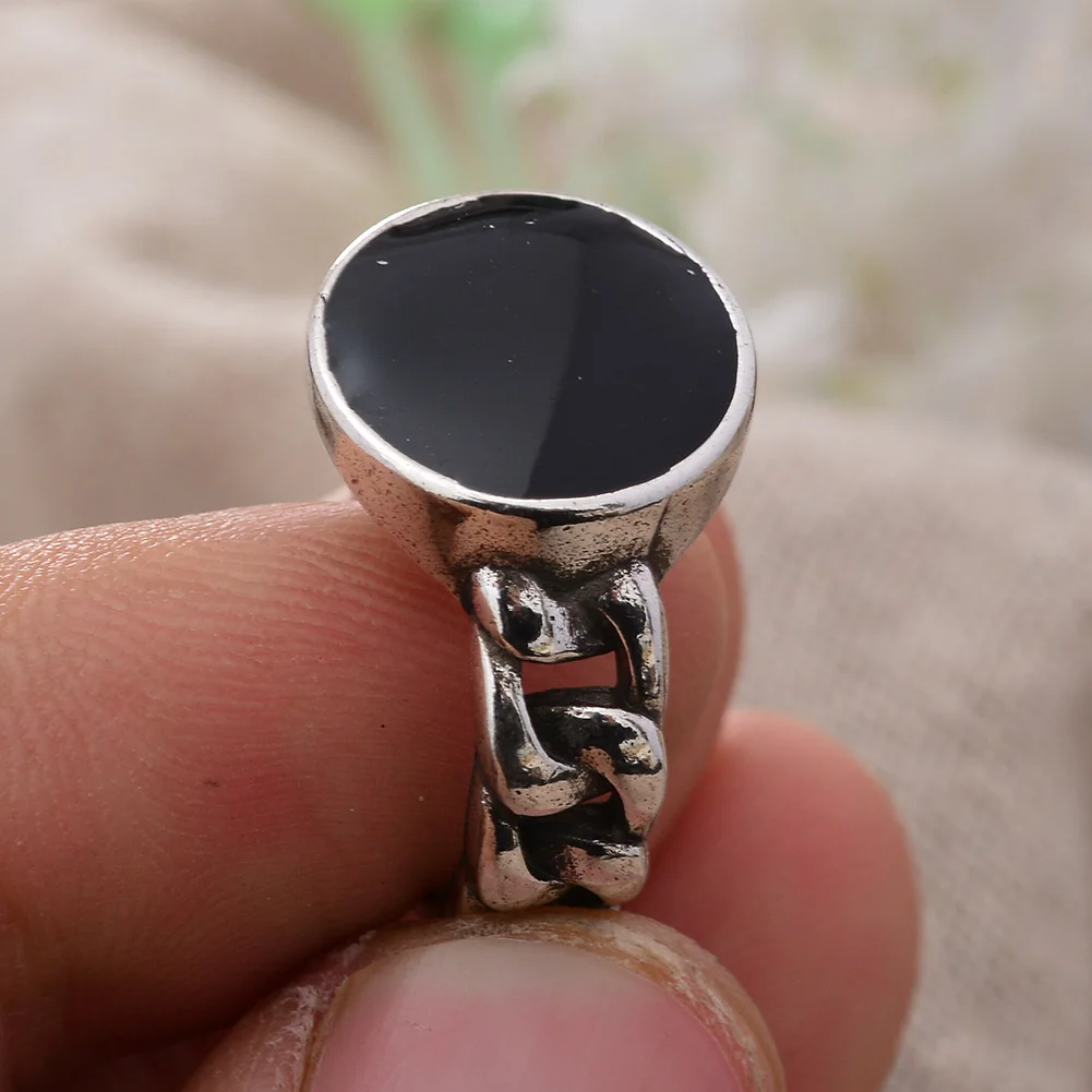 Best Sell Trendy 13mm Big Round Black Resin Thai Silver Man Finger Rings Jewelry No Fade Birthday Gifts Drop Shipping image 5