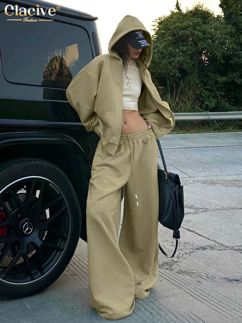 Clacive Casual Loose Khaki Trousers Sets For Women 2 Pieces 2025 Elegant Long Sleeve Hooded Shirt With Mid Waist Wide Pants Set