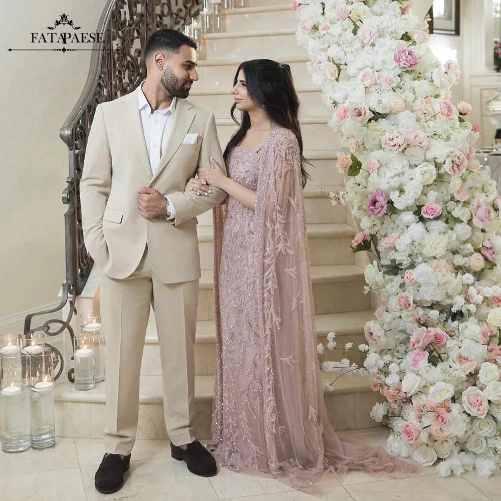Fatapaese alta costura vestidos de noite de luxo com capa requintado contas cristais rosa sereia vestidos de noite árabe dubai vestido