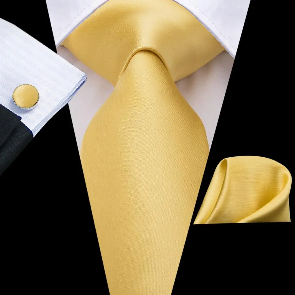 

Yellow Solid 2023 New Elegant Mens Ties Hanky Cufflink Silk Necktie For Men Wedding Party Business Fashion Brand Hi-Tie Designer