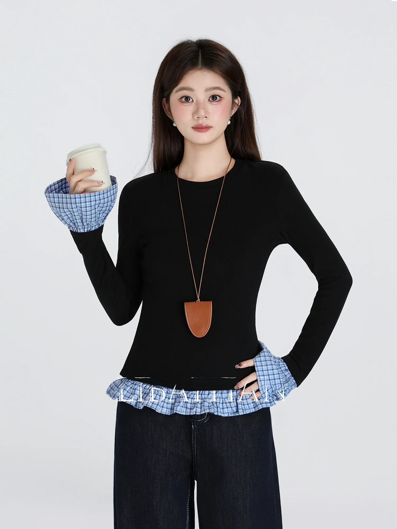 

French Sle Long Sve ort T-irt Women's Inner Wear Ruffle Patchwork Slim Fit Top New Arrival Autumn 2025