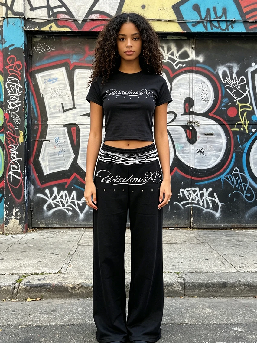 Retro Y2K Women Elastic Waist Sweatpant Zebra Print Waistband Letter Stud Details Loose Straight Leg Streetwear Casual Long Pant