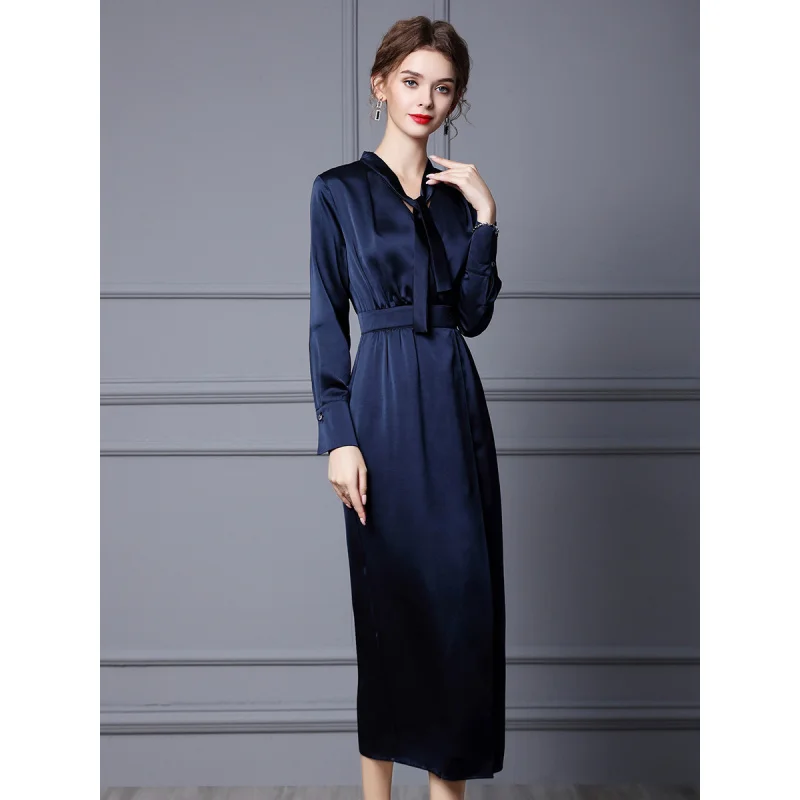 2024 Autumn New Dress Waist Slimming High-Grade Elegant Graceful Dark Blue Satin Long Skirt