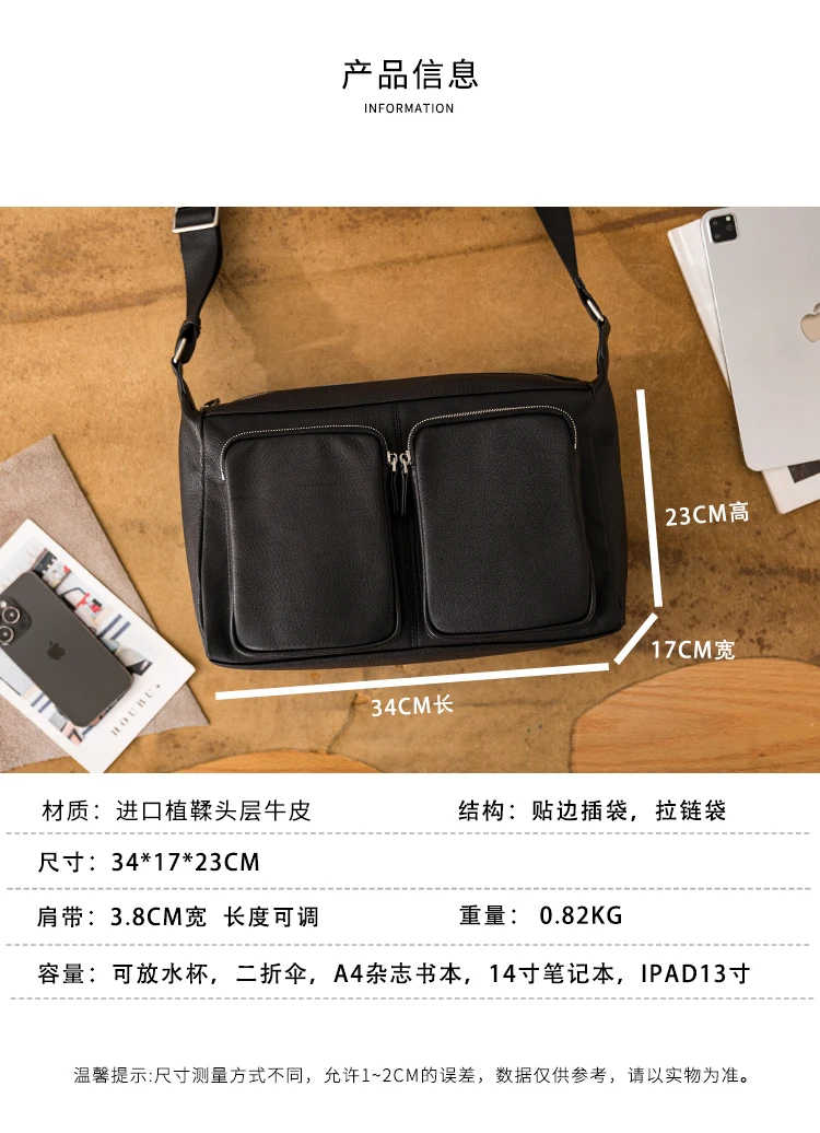 Vintage Casual Hochwertige Echtleder-Herren-Umhängetasche mit mehreren Taschen, handgefertigte Schultertasche aus Rindsleder mit großem Fassungsvermögen – Detail 3