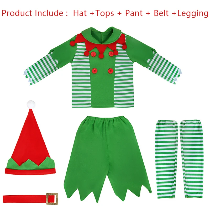 Costume de cosplay d'elfe de Noël pour enfants, chapeau de performance sur scène, tenues vertes, pantalon en Y, fête scolaire, enfants, garçons