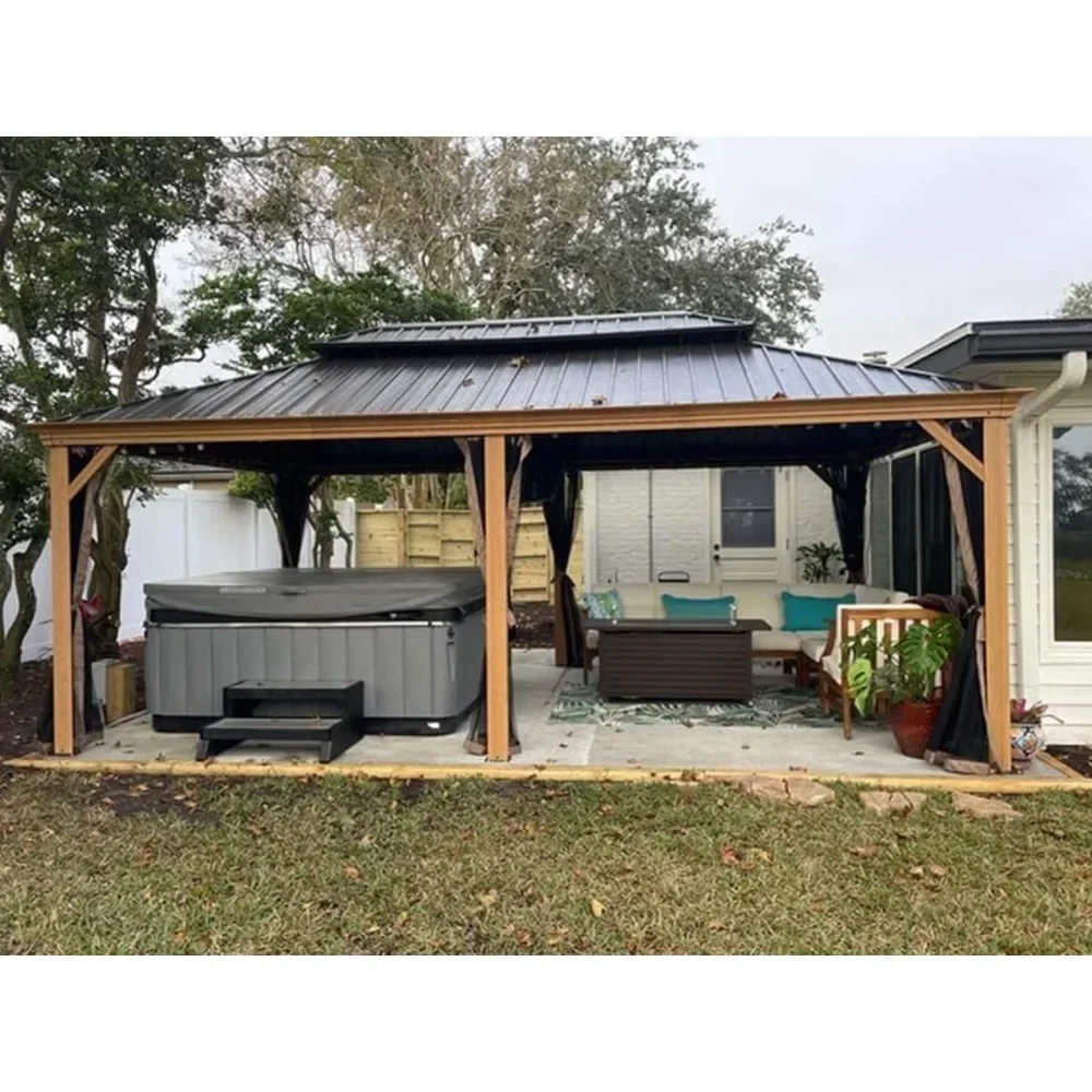 12’ x 20’ Hardtop Gazebo Outdoor Aluminum Wood Grain Gazebos with Galvanized Steel Double Canopy for Patios Deck Backyard