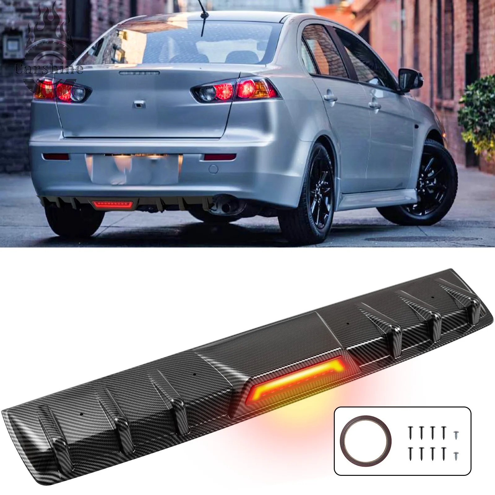 

LED Brake Light Carbon Fiber Rear Bumper Diffuser For Mitsubishi Lancer CF