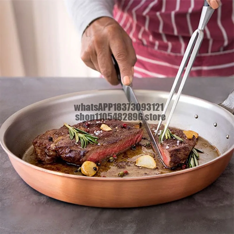 Copper pan deep frying pan flat bottom steak frying pan, long handle fried egg frying pan