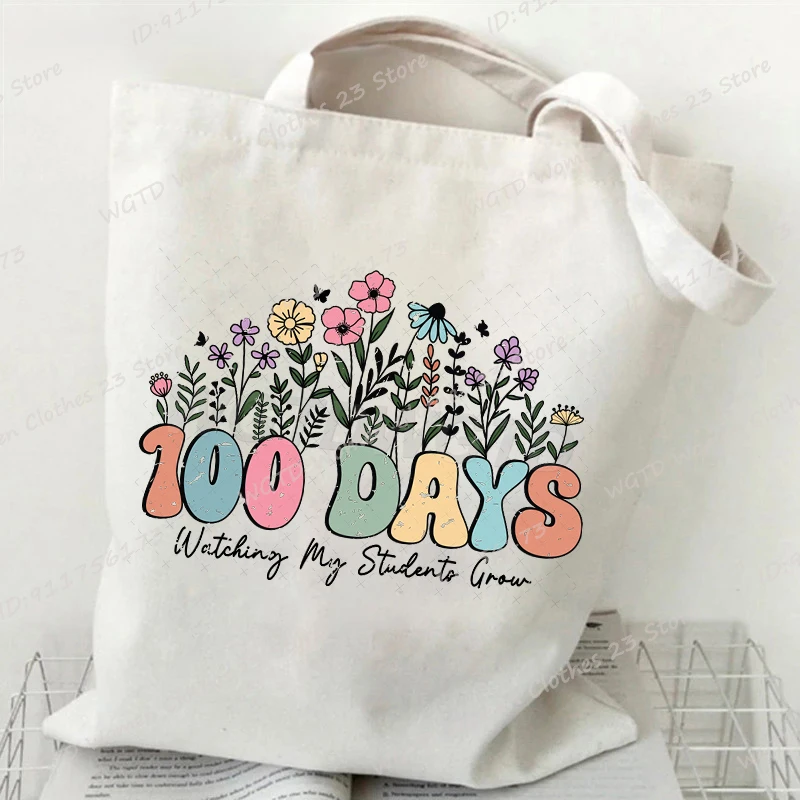 

100 Days Of School Print Shopping Bags Teacher Handbags Women Girl Fashion Casual Package Hand Bag Large Capacity Tote Bags