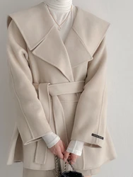 Korea Ins Retro Loose Streetwear Coat Chic Design Lapel Collar Mid-length Tie Woolen Jacket Aesthetic Solid Casual Blends Winter