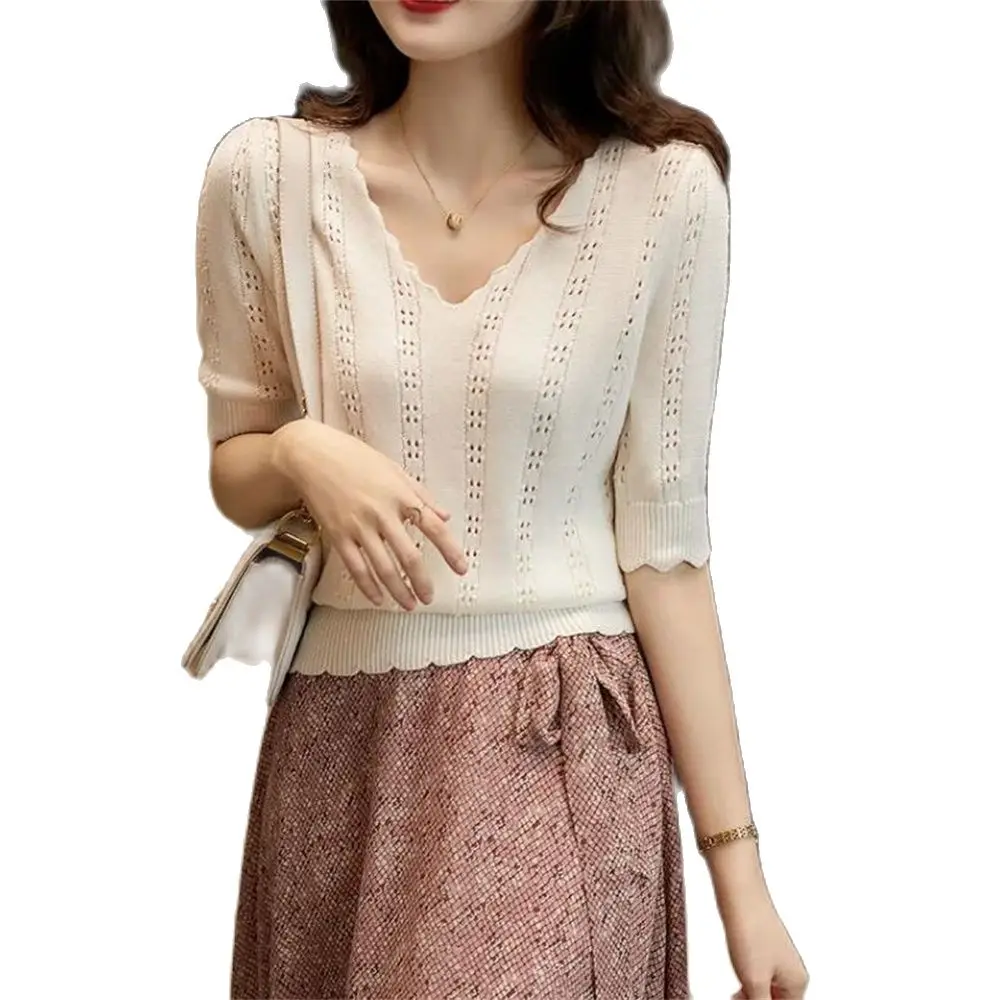 Women's Hollow Out V-Neck Short Sleeve Sweater Pink Pullovers Knitted Jumper Lady's Knitwear Tops Spring and Summer Style