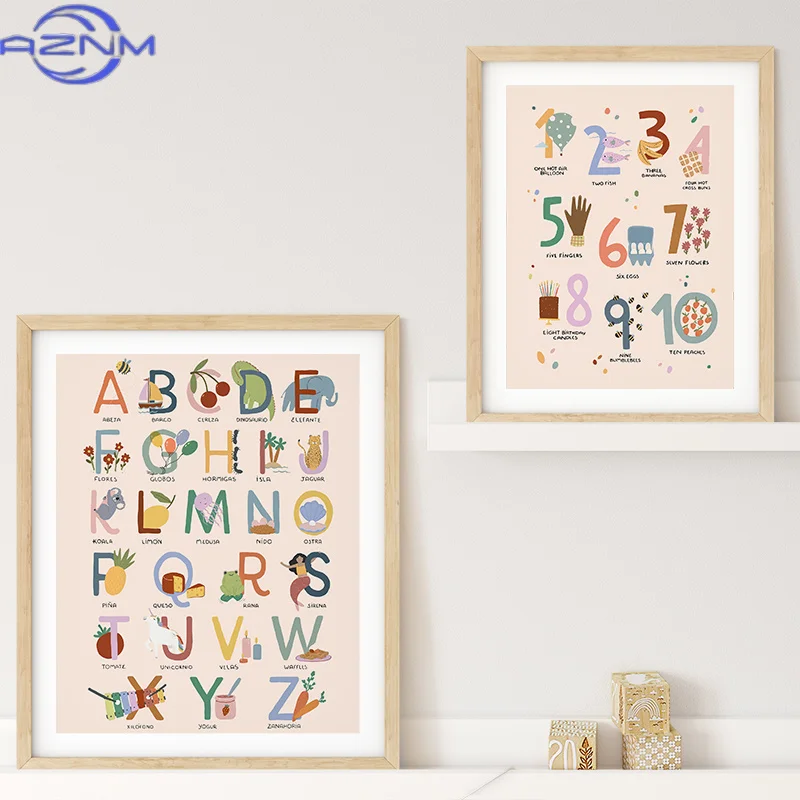 AZNM With Alphabets Numerals Nordic Posters Wall Art Canvas Painting Child's Room Decor Nursery Decorative Prints Picture for Be