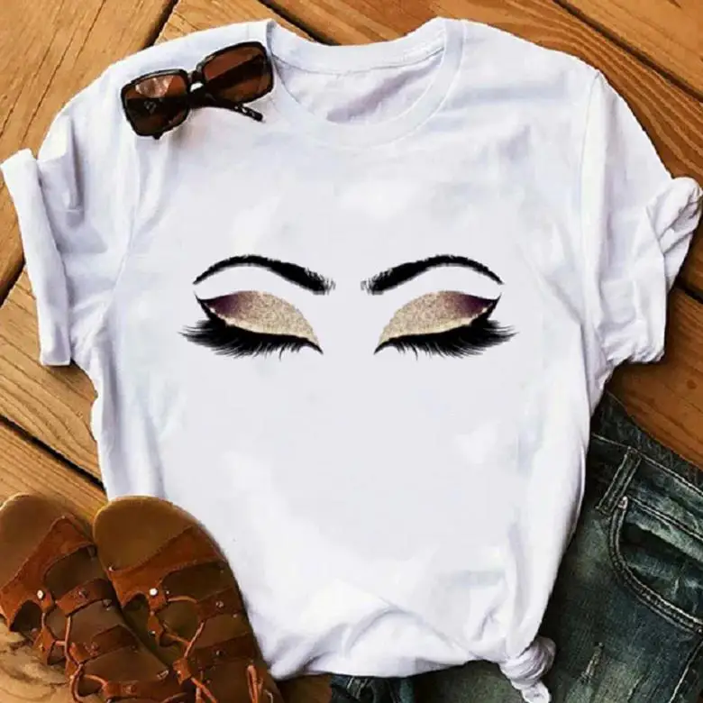 Beauty Aesthetic Eyelashes Prints T-Shirt Women Princess Makeup Art Rose Gold Plus Size Casual Kawaii 90s Tees