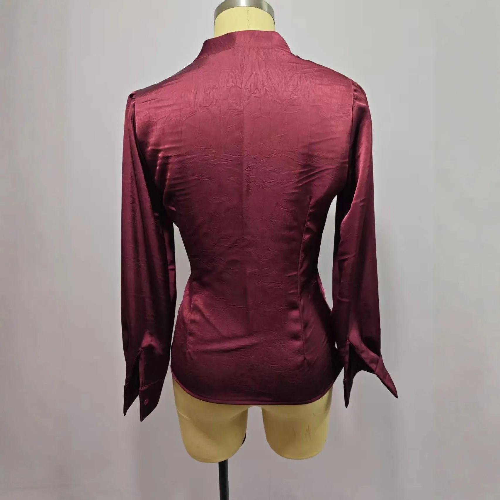 Women's Blouse V Neck Long Sleeve Floral Print Blouses Burgundy Satin Pleated Waist Design Top Wrap Front Metallic Buckle